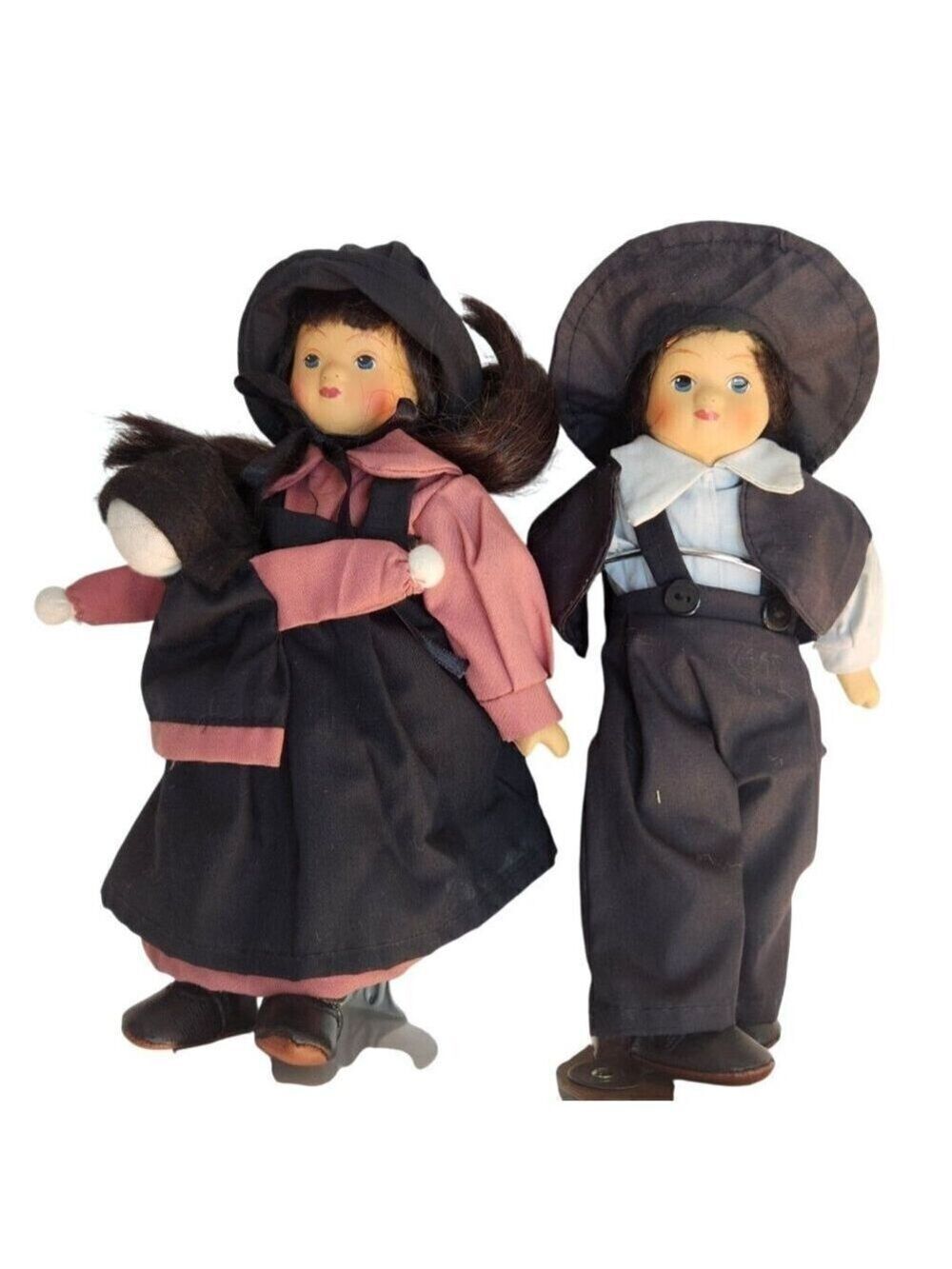 Amish-Inspired Porcelain Doll Couple With Baby Handcrafted Traditional Attire Wo